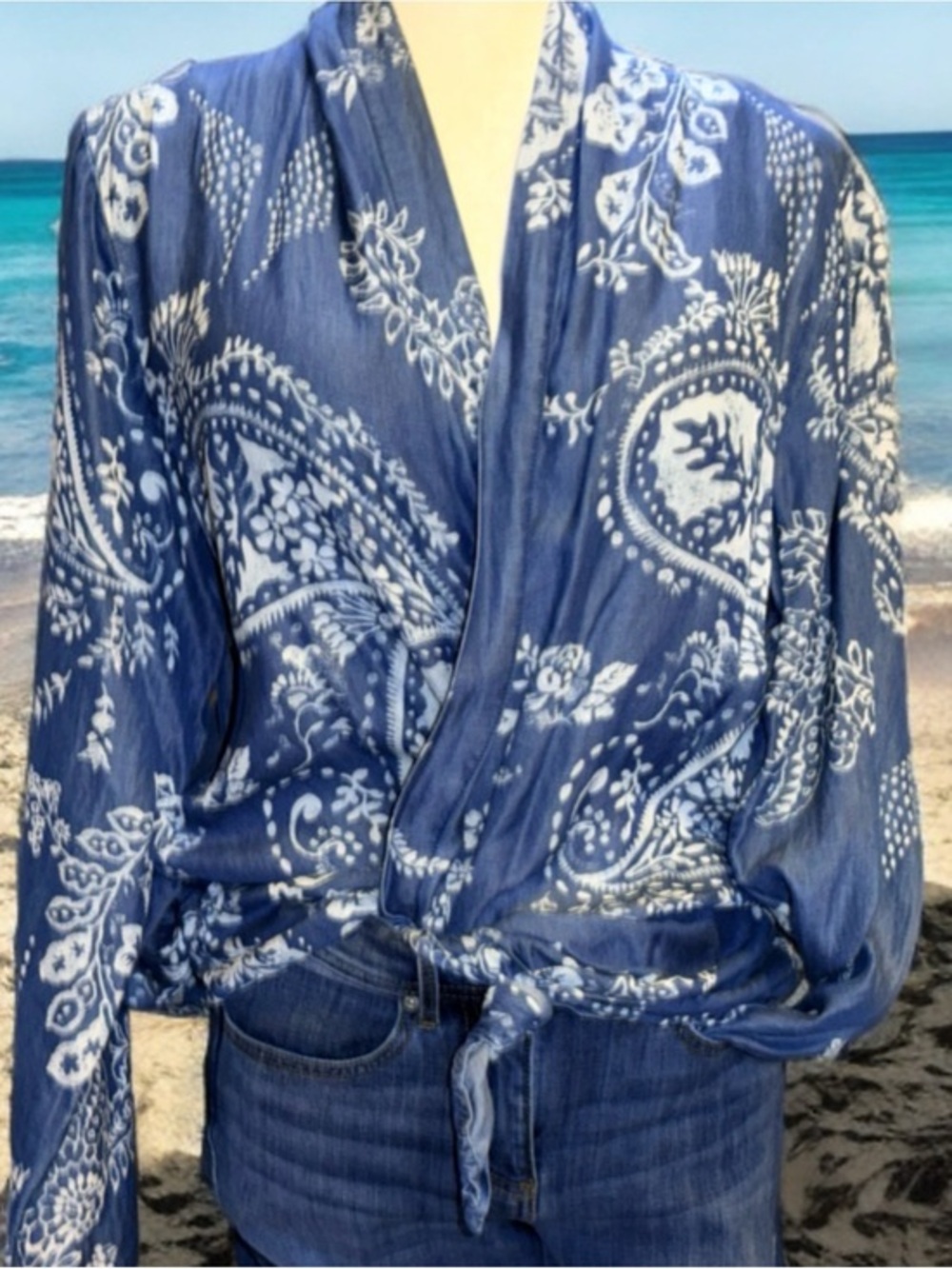 Vibrant Indigo Blue Paisley Wrap Tunic w/ Pockets, by Laurie Felt